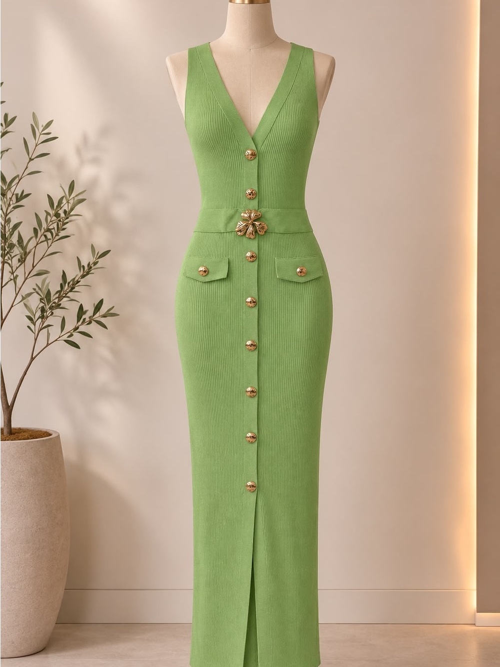 Women’s green sleeveless button-front midi dress - Picture 1 of 5